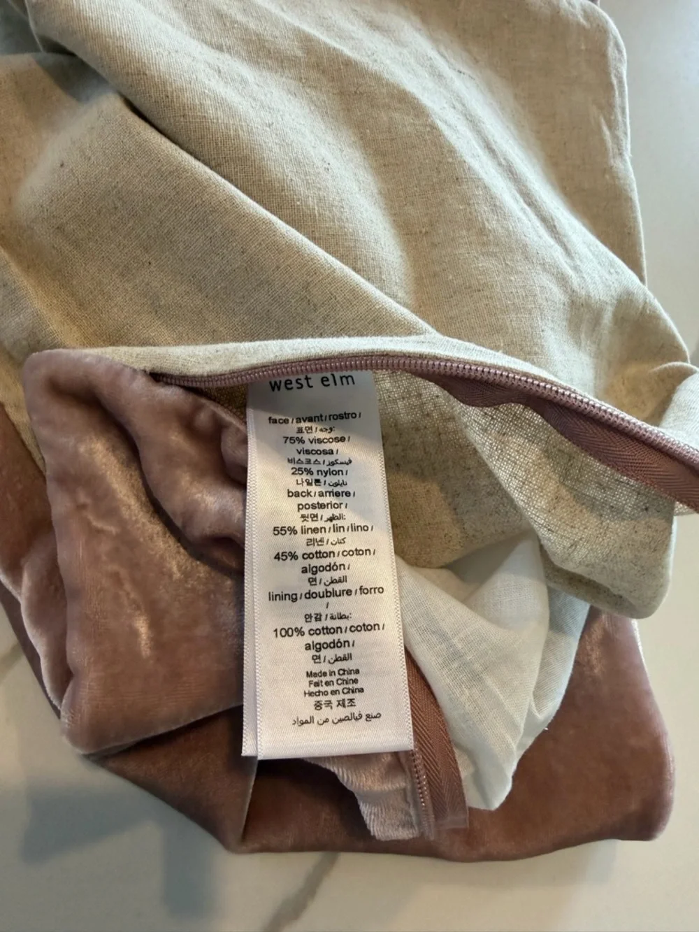 West Elm Euro sham Lush Crinkle Velvet Dusty Blush NEW NWOT linen zip back